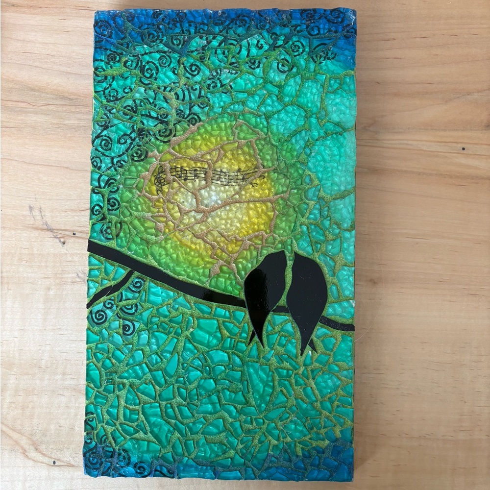 Mosaic Art Panel with Love Birds - Tempered Glass Handmade 12” x 6.75”